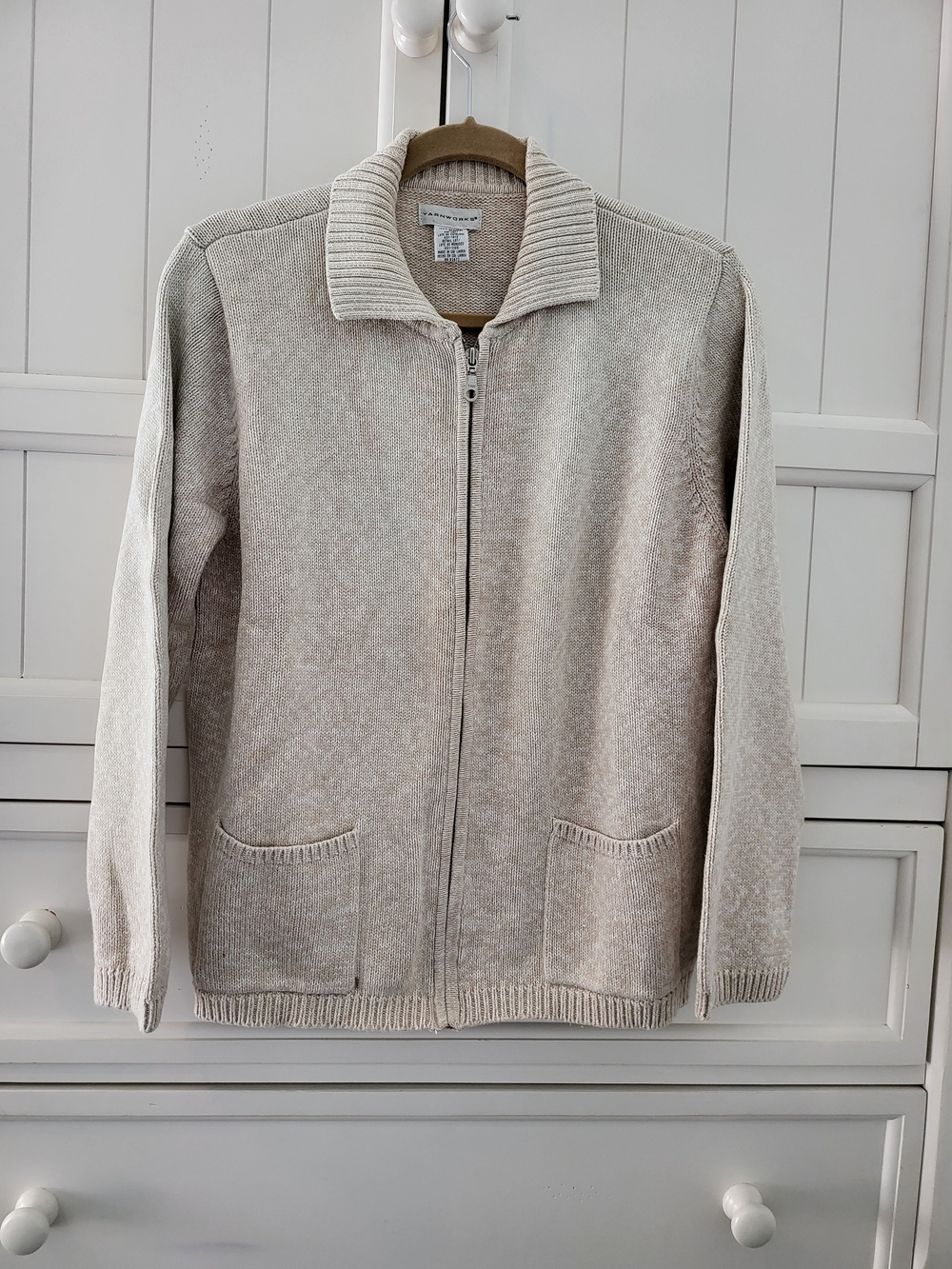 Yarnworks Women's L Zip-Front Shawl Collar Sweater - Beige